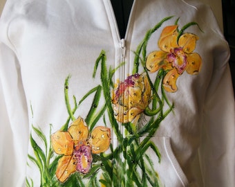 SALE Handpainted and rhinestoned Orchid white American Apparel Hoodie