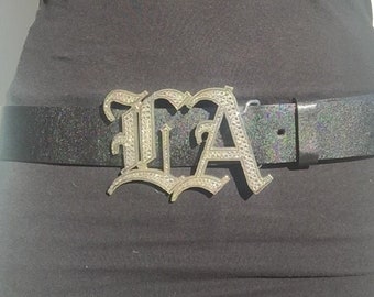 Swarovski encrusted LA buckle with real Black leather belt