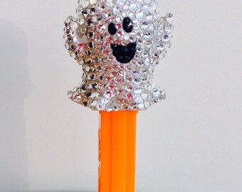 Happy Halloween Spooked Jack and Ghost Rhinestone Brooch Pin with Orange Crystals