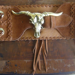 Cognac Western fringe belt with Solid Brass longhorn steer-head