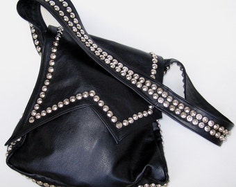 punk college bag, studs n black leather large and roomy, asymetrical flap