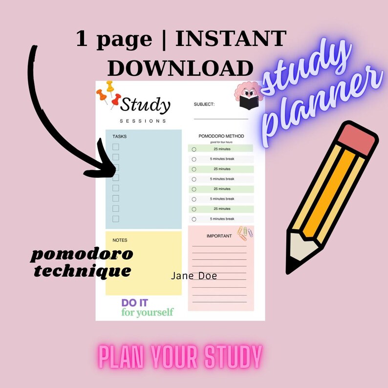 Pomodoro Study Planner – 1 Page Printable | Instant Download Study ...