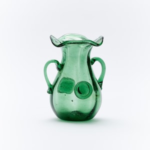 Vintage Handblown Green Glass Jug with Handles & Seals – Decorative Artisan Pitcher, Rustic Glass Vase