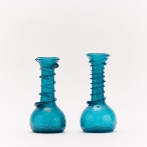 Turquoise Handblown Spiral Glass Vases – Miniature Vintage Pair