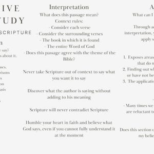 May include: A beige infographic titled "Inductive Bible Study" outlines steps for understanding scripture: observation, interpretation, and application. Key questions and context rules are listed, guiding readers through the study process.