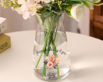 Personalized Glass Vase with Birth Flower, Custom Flower Vase for Mom Grandmother, Birthday/Housewarming Gift, Indoor/Outdoor Home Decor