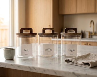 Glass Tea Coffee Sugar Jar Set: Acacia Wood Lids, Kitchen Storage