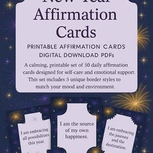 Cartões de Afirmação Positiva de Ano Novo - Cartões de Afirmação de Autocuidado para Imprimir e Inspirar
