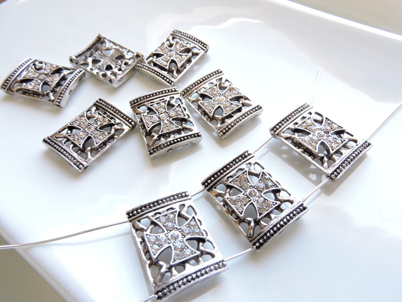 Slider Beads Silver Tone Iron Cross with Blingy Rhinestones 2 Hole Slider Charms Add some nice sliders with bling to your project 3pcs