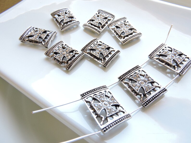 Slider Beads Silver Tone Iron Cross with Blingy Rhinestones 2 Hole Slider Charms Add some nice sliders with bling to your project 3pcs