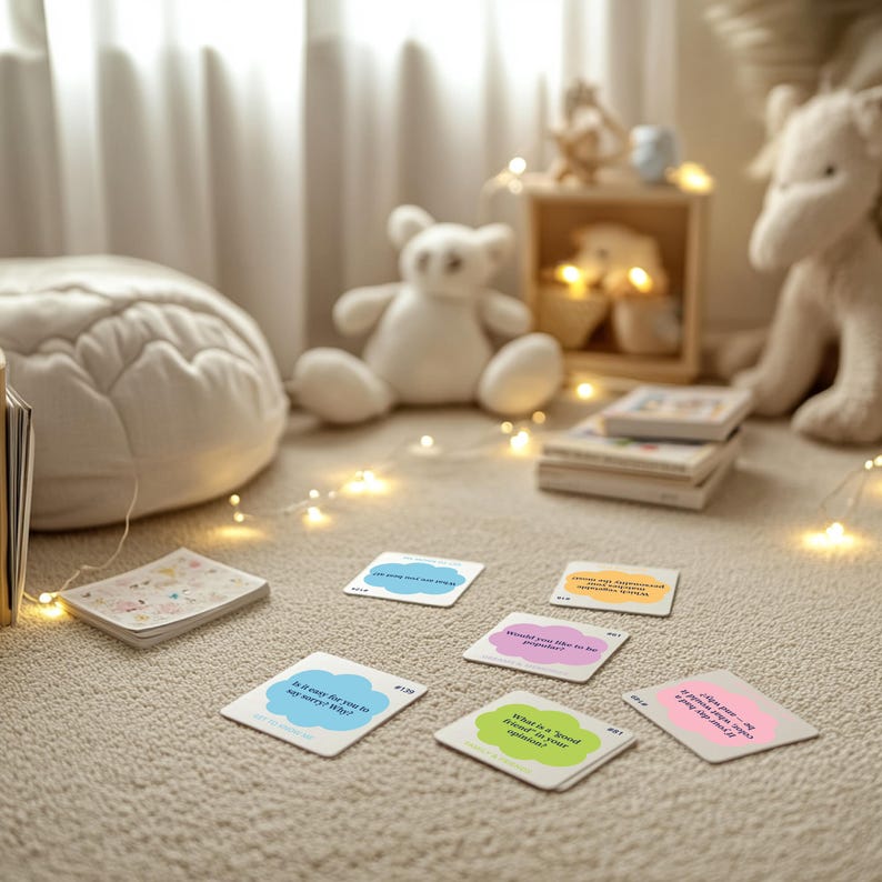 Puede incluir: Una escena acogedora con una pila de libros, peluches y tarjetas de preguntas. Las tarjetas presentan preguntas en varios colores, como azul, rosa y verde, con texto blanco. Las luces de hadas a&ntilde;aden un brillo c&aacute;lido.