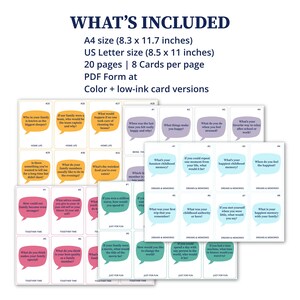 May include: A set of conversation prompt cards with questions like "What do you do when you feel stressed?" and "What was your first trip that you remember?" The cards are in PDF format, A4 size (21 x 29.7 cm) and US Letter size (21.6 x 27.9 cm).
