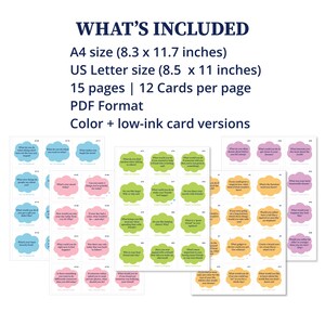 Puede incluir: Un conjunto de tarjetas de conversaci&oacute;n imprimibles en formato PDF. Las tarjetas, de varios colores, presentan preguntas en bocadillos. Se incluyen los tama&ntilde;os A4 (21 x 29,7 cm) y US Letter (21,6 x 27,9 cm).