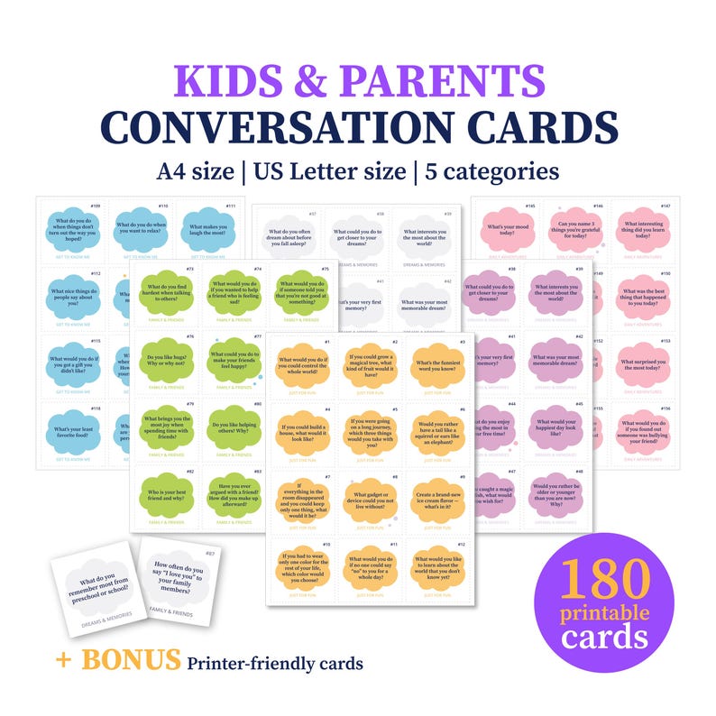 Puede incluir: Un conjunto de tarjetas de conversaci&oacute;n para ni&ntilde;os y padres. Las tarjetas son de varios colores y formas, con preguntas impresas. El conjunto incluye 180 tarjetas imprimibles, tama&ntilde;os A4 y US Letter, y 5 categor&iacute;as.