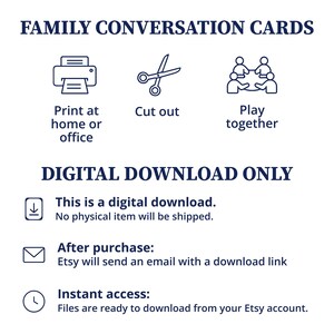 May include: White digital download graphic with the text "FAMILY CONVERSATION CARDS." Includes icons for printing, cutting, and playing. Text also states "DIGITAL DOWNLOAD ONLY" and details about the download process.