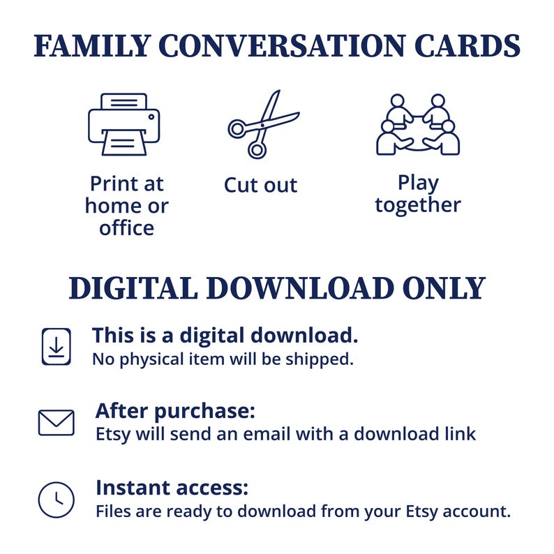 May include: White digital download graphic with the text "FAMILY CONVERSATION CARDS." Includes icons for printing, cutting, and playing. Text also states "DIGITAL DOWNLOAD ONLY" and details about the download process.