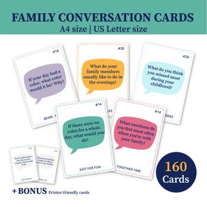 160 tarjetas imprimibles de conversación familiar: preguntas familiares para niños, adolescentes y adultos. Ideales para viajes, comidas y noches de juegos.