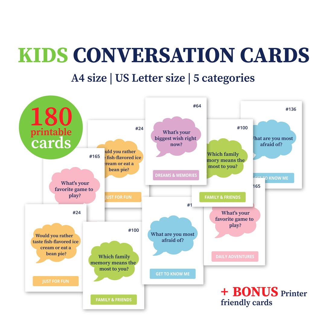 Printable Conversation Cards for Kids: Fun Family Talking Game (PDF ...