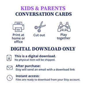 Puede incluir: Gr&aacute;fico de descarga digital con el texto "KIDS & PARENTS CONVERSATION CARDS". Las instrucciones incluyen imprimir, cortar y jugar juntos. La imagen tambi&eacute;n indica "SOLO DESCARGA DIGITAL" y proporciona detalles sobre el proceso de descarga.