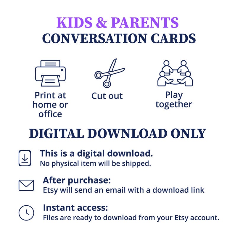 Puede incluir: Gr&aacute;fico de descarga digital con el texto "KIDS & PARENTS CONVERSATION CARDS". Las instrucciones incluyen imprimir, cortar y jugar juntos. La imagen tambi&eacute;n indica "SOLO DESCARGA DIGITAL" y proporciona detalles sobre el proceso de descarga.