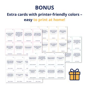 May include: Printable conversation cards with prompts for family and personal reflection. The cards are white with black text and are categorised into themes like "Together Time" and "Dreams & Memories". Includes a bonus set.