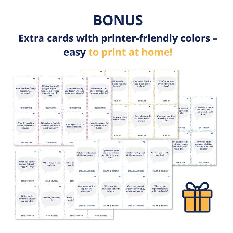 May include: Printable conversation cards with prompts for family and personal reflection. The cards are white with black text and are categorised into themes like "Together Time" and "Dreams & Memories". Includes a bonus set.