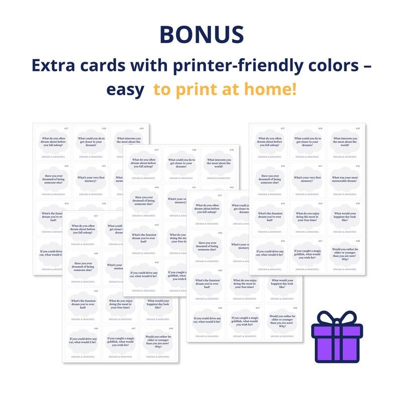 Puede incluir: Un conjunto de tarjetas blancas con preguntas sobre sue&ntilde;os y recuerdos, dispuestas en pilas. Un icono de caja de regalo morada en la esquina inferior derecha. El texto "BONUS" y "Tarjetas extra con colores para imprimir - &iexcl;f&aacute;cil de imprimir en casa!" est&aacute;n en la parte superior.