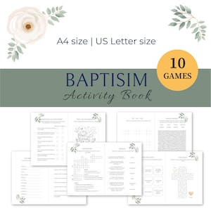 Pode incluir: Livro de atividades de batismo com 10 jogos. A capa tem o texto "Baptism Activity Book" em uma fonte de script. As páginas incluem jogos como palavras cruzadas, um labirinto e uma busca de palavras escondidas. O livro é decorado com elementos florais.