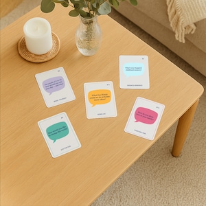 May include: A set of white cards with speech bubbles and questions, arranged on a wooden table. The cards are categorised with labels such as "Being Yourself" and "Home Life". A candle and a vase of greenery are also visible.