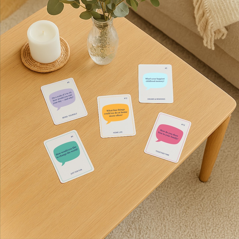 May include: A set of white cards with speech bubbles and questions, arranged on a wooden table. The cards are categorised with labels such as "Being Yourself" and "Home Life". A candle and a vase of greenery are also visible.