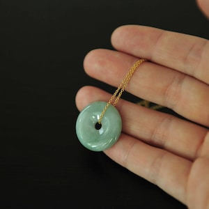 Green jade donut pendant, Natural genuine green jade donut necklace in sterling silver & 14k gold filled