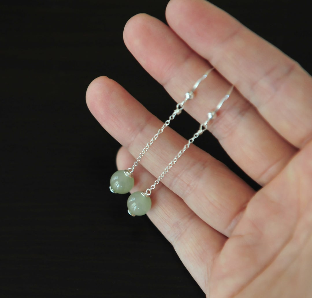 Green Jade Bead Chain Earrings, Long Dangle Jade Earrings for Woman