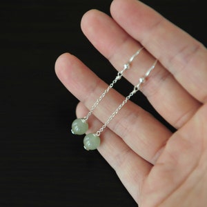 Green Jade Bead Chain Earrings, Long Dangle Jade Earrings for Woman, Nephrite Jade Earrings 925 Silver