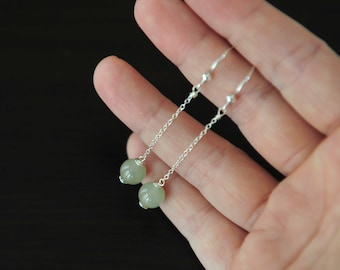 Green Jade Bead Chain Earrings, Long Dangle Jade Earrings for Woman, Nephrite Jade Earrings 925 Silver