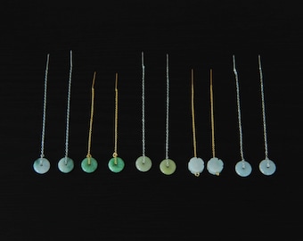 Green jade threader earrings, Long Dangle Jade Earrings, Grade A natural green white yellow jade earrings 14K gold filled 925 silver