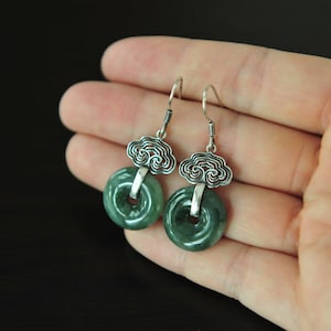 Green jade earrings 925 silver, Lucky loop grade A natural jade donut earrings in 925 silver