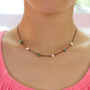 Dainty small green jade and pearl necklace, Handmade choker necklace 14K gold filled clasp 15&quot; - 17&quot;