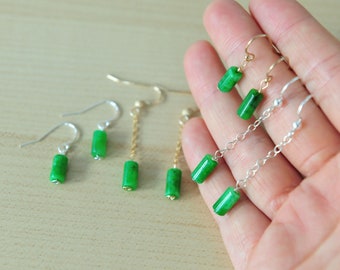 Green jade earrings, Long Dangle Jade Earrings, Grade A Natural Emerald Green Earrings 925 silver 14K Gold Filled
