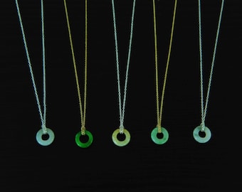 Dainty Jade Necklace 14K Filled ONE Handmade Green Yellow White Jadeite jade donut pendant Silver 14K Gold Filled 12MM