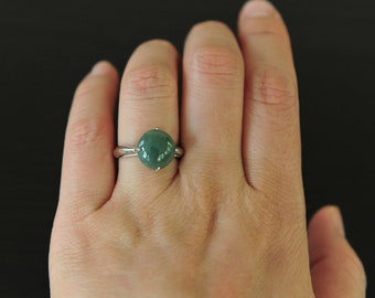 Green Jade Ring Silver Jade Grade A Classic Icy Jadeite Jade Ring 925 Silver adjustable 6 - 9