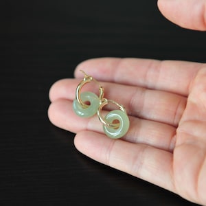 Green Jade hoop earrings 14K gold filled, Jadeite jade green donut lucky loop earrings, hoop earrings (15MM hoop)