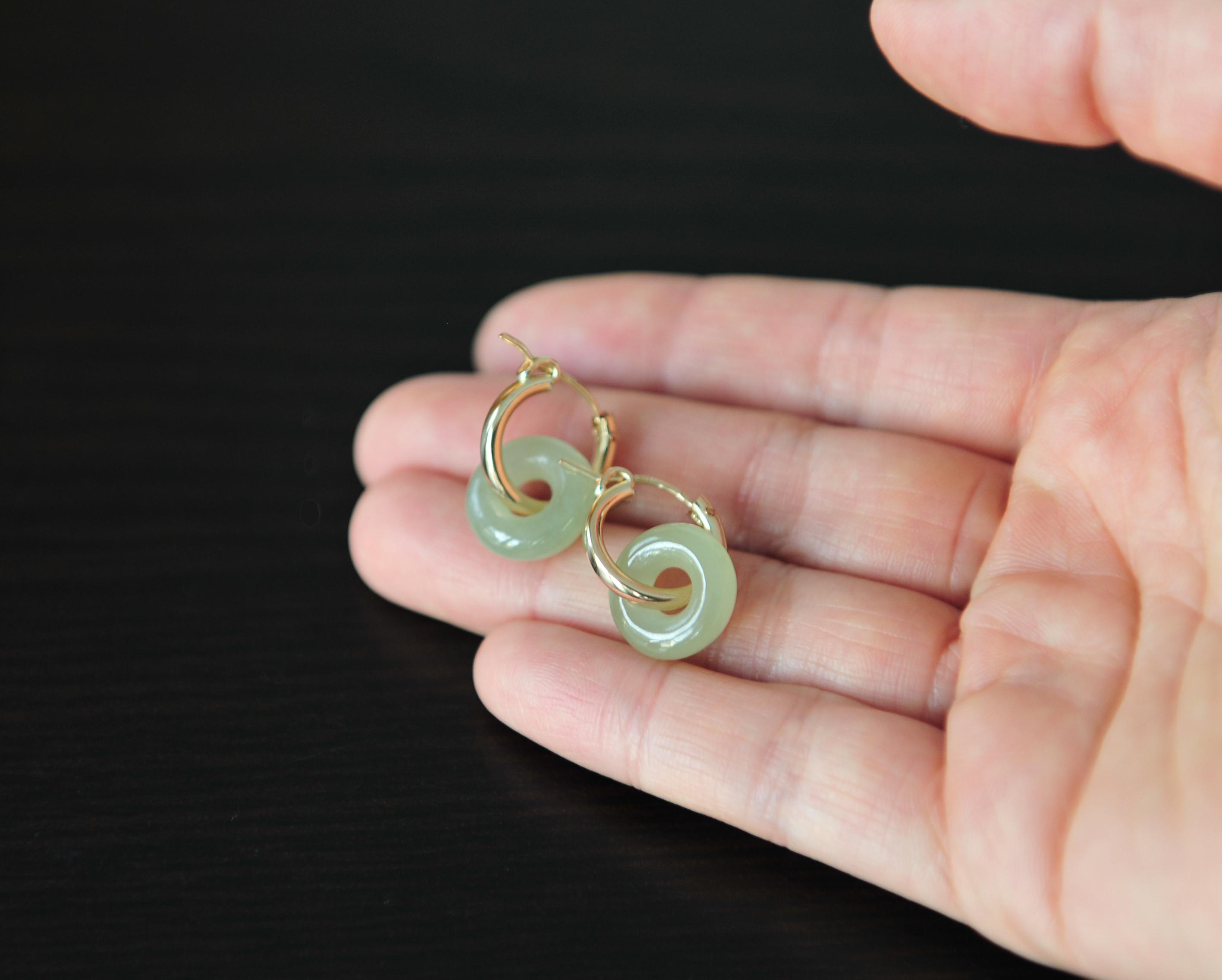 Green Jade hoop earrings 14K gold filled, Jadeite jade green donut lucky loop earrings, hoop earrings (15MM hoop)