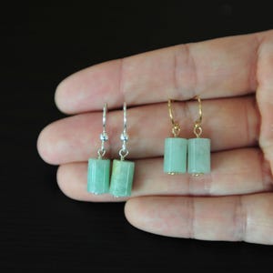 Apple green jade earrings, Cylinder jade earrings, Green jadeite jade earrings in 14K gold filled