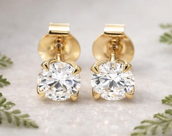 Lab Grown Diamond Studs: Round Brilliant Solitaire, 4-Prong Setting, Solid Gold Earrings