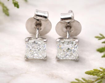 Princess Cut Lab Grown Diamond Stud Earrings, 14K Gold/Silver, EF-VVS/VS Clarity