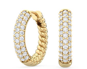 Lab Grown Diamond Pave Hoop Earrings, Twisted Rope Huggie Hoops