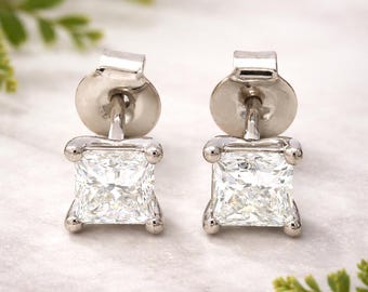 Princess Cut Lab Grown Diamond Stud Earrings, Gold Solitaire Earrings, Minimalist Square Diamond Studs, Everyday Fine Jewelry Gift For Her