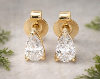 Pear Lab Grown Diamond Stud Earrings, 0.50 Ctw Pear Cut Diamond Stud Earring, Anniversary Gift for Her, Yellow Gold Dainty Studs Gift