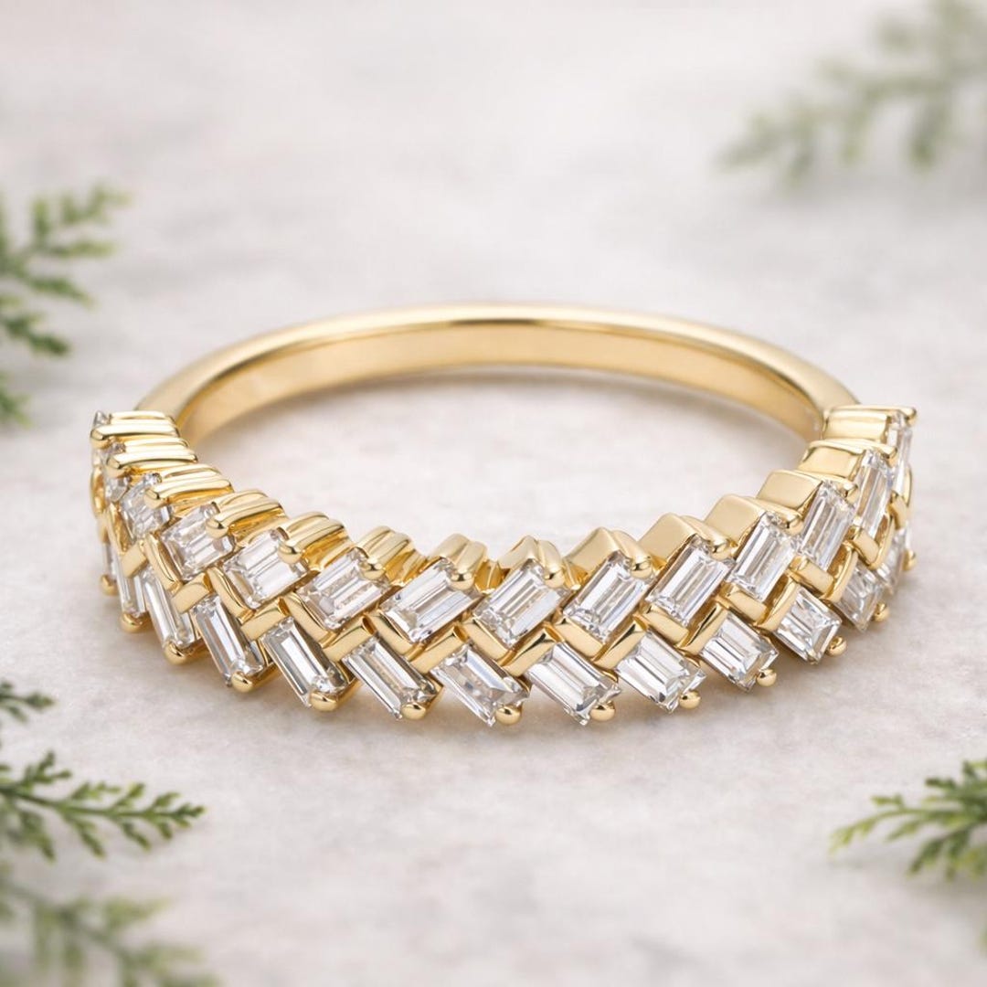 Lab Grown Diamond Baguette Chevron Band, Solid Gold Eternity Ring - Etsy