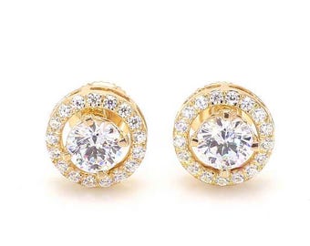 1.00 Ctw Lab Grown Diamond Halo Earrings, Solid Gold Pavé Studs, Screwback Bridal Jewelry